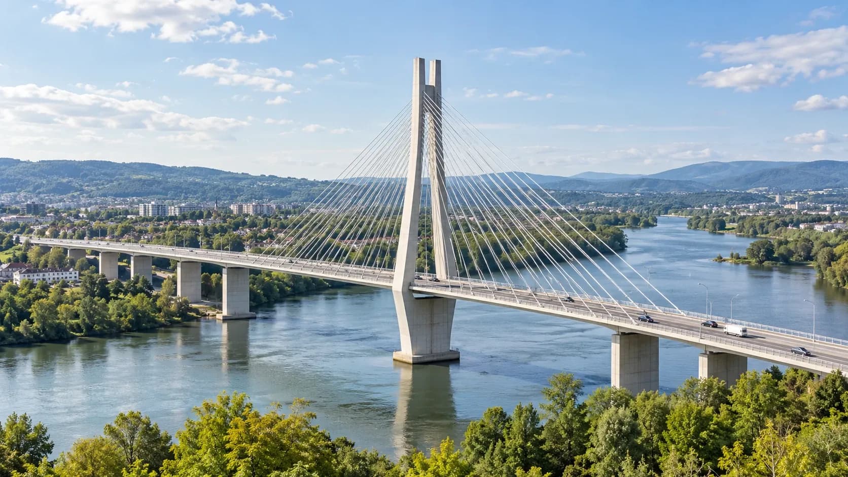 A cable-stayed road bridge crossing a wide river beside a town