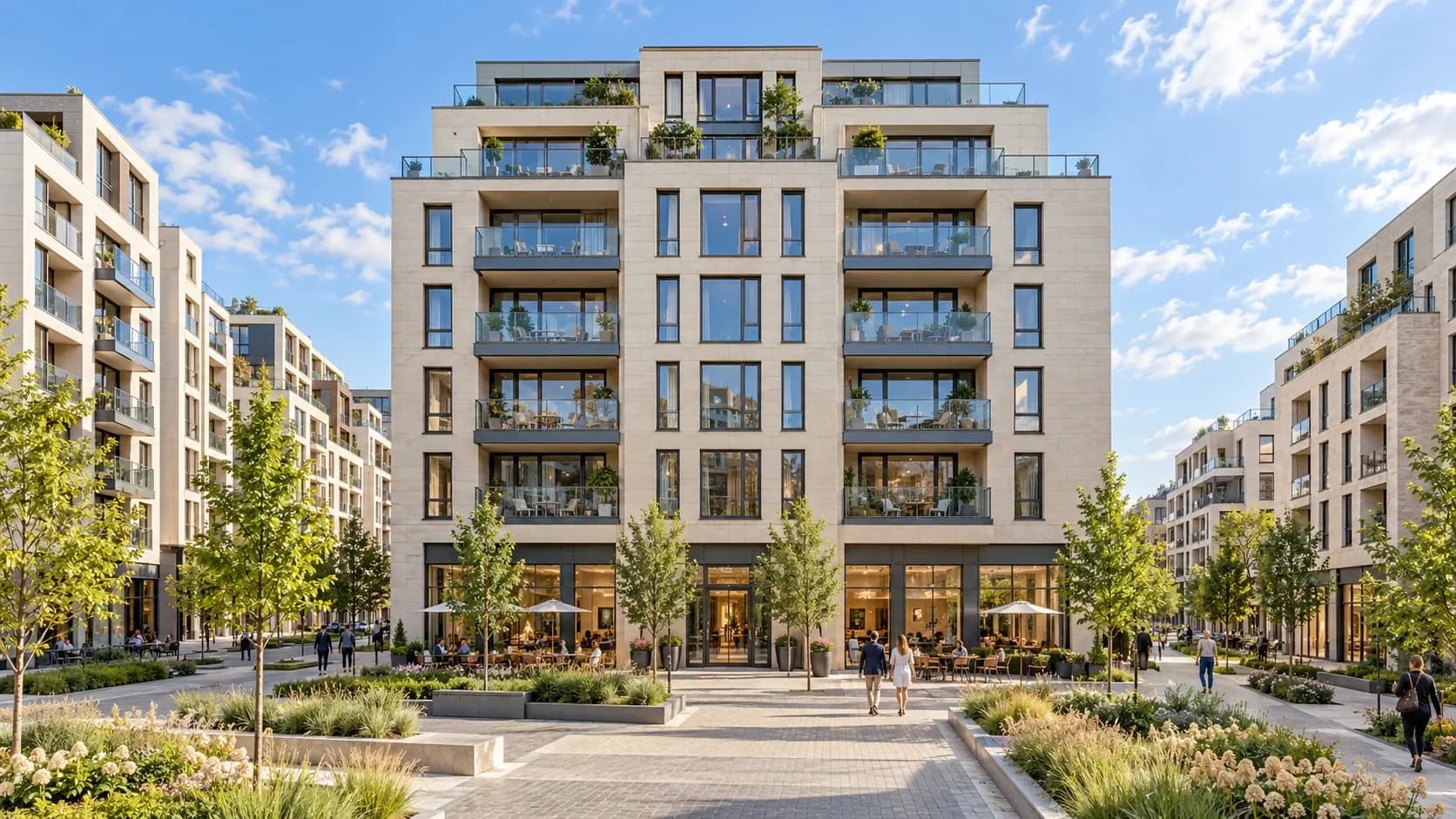 A new mixed-use residential quarter with ground-floor retail and planted courtyards